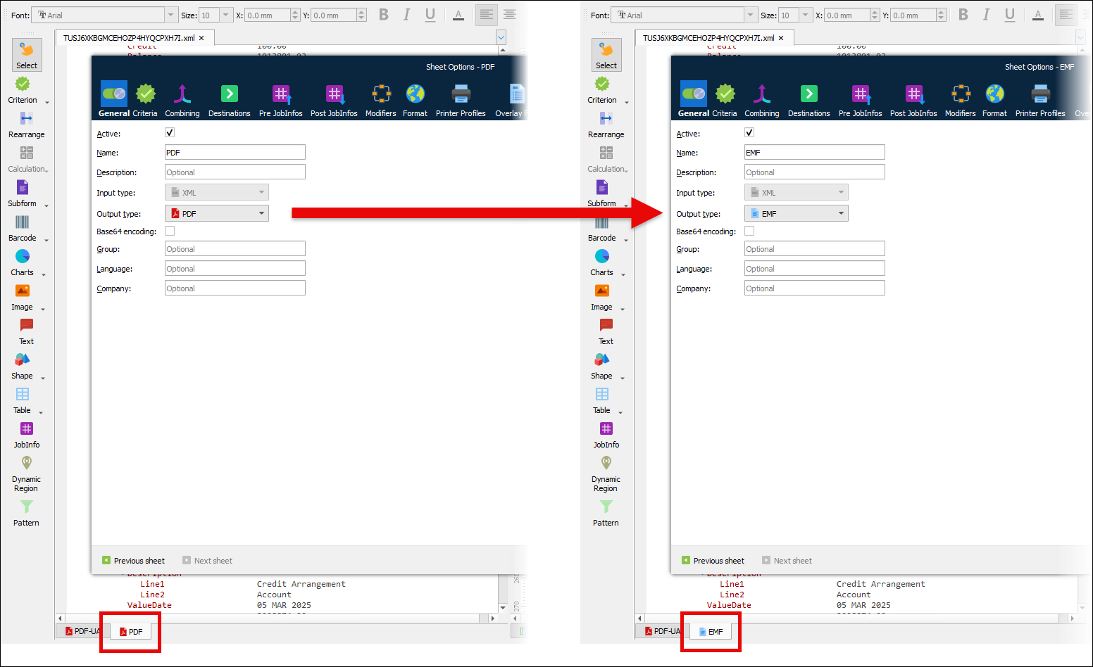 Side-by-side screenshots of the Sheet Options window for a form showing a change of sheet Output type from PDF to EMF.